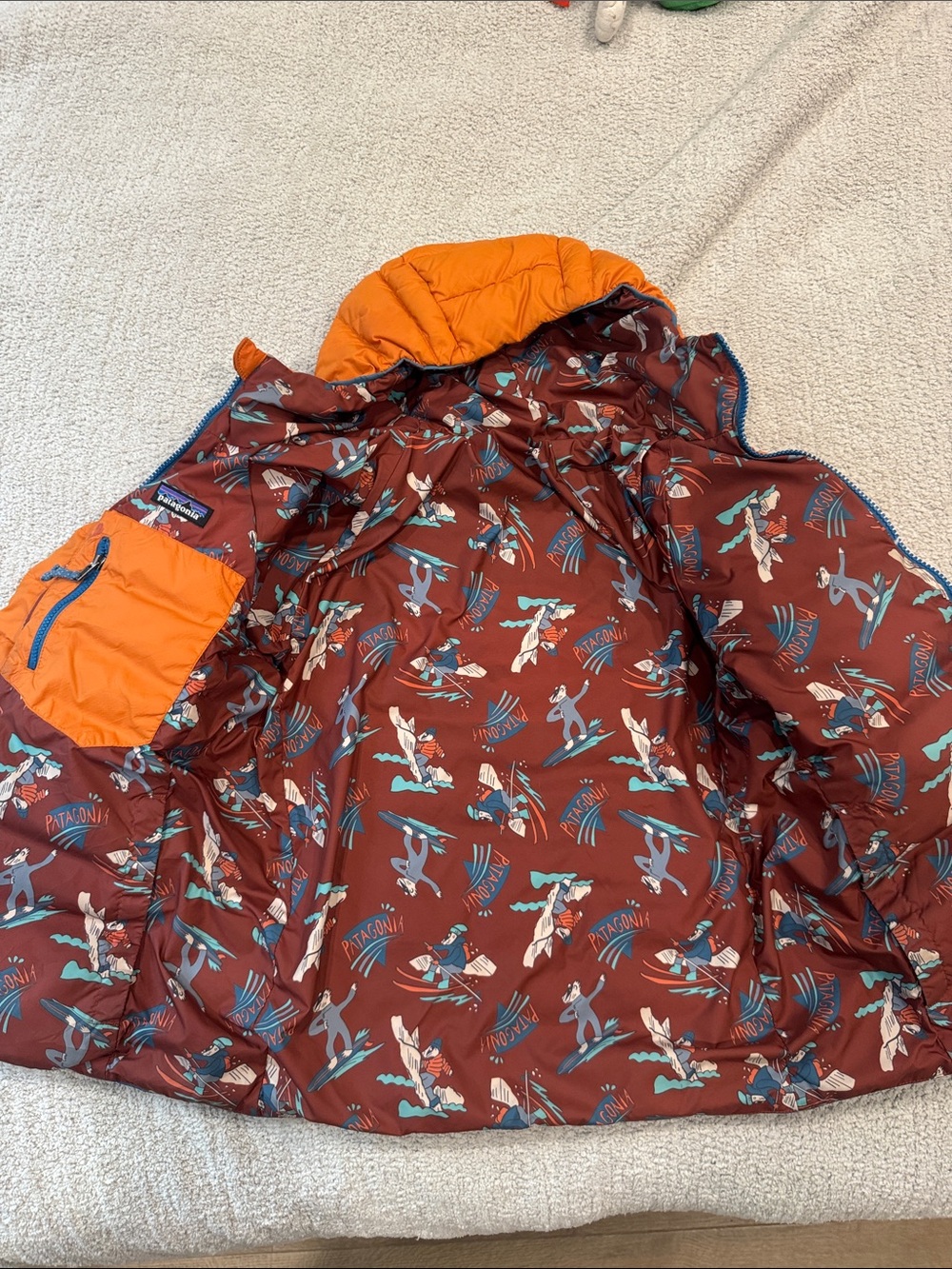 Patagonia Orange, Brown & Blue Hooded Puffer Jacket - Picture 6 of 10